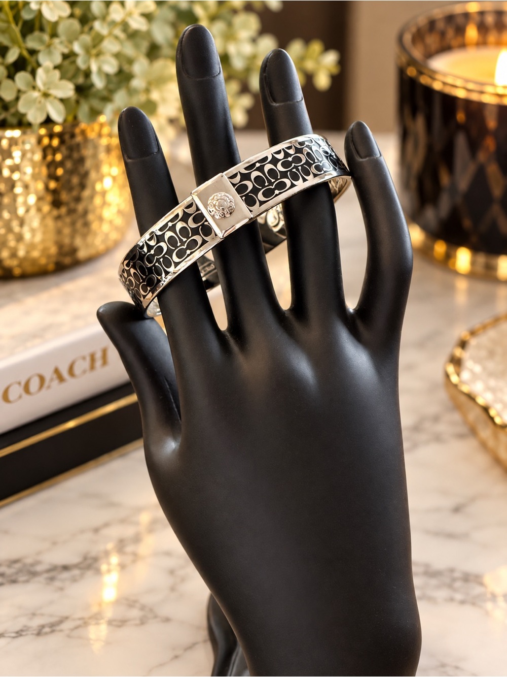 Coach Black and SilverTone Signature Enamel Cuff Bangle Bracelet